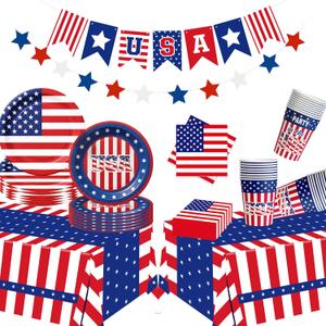 75 Pcs 4th of July Patriotic Party Decorations Set, Red White and Blue USA Flag Paper Plates Napkins Cups Tablecloth and Banner, Memorial Day Veterans Tableware Supplies (Serves 12)