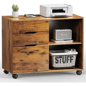 DUMOS File Cabinet with 3 Drawers, Wood Under Desk Storage Printer Stand Rolling Lateral Filing Cabinet with Adjustable Shelves for Home Office Study Organization,Rustic, Size: 30.8"W x 15"D x 24.8"H