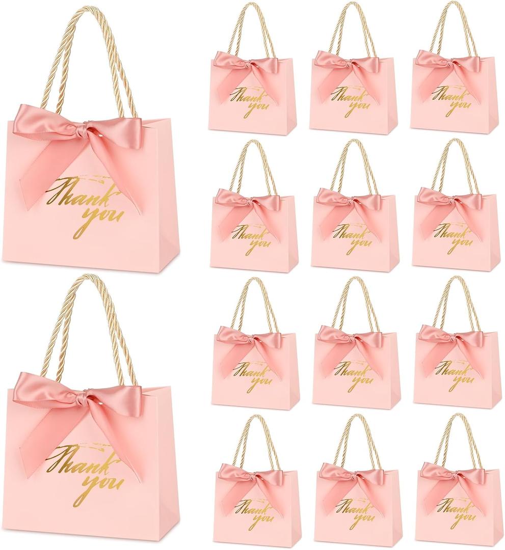 Mauproy 20 Pack Small Thank You Gift Bags with Handles, 5.5''x 2.5''x 4.7'' Mini Paper Gift Bags with Ribbons Party Favor Bags for Mother's Day Wedding Baby Shower (Pink)