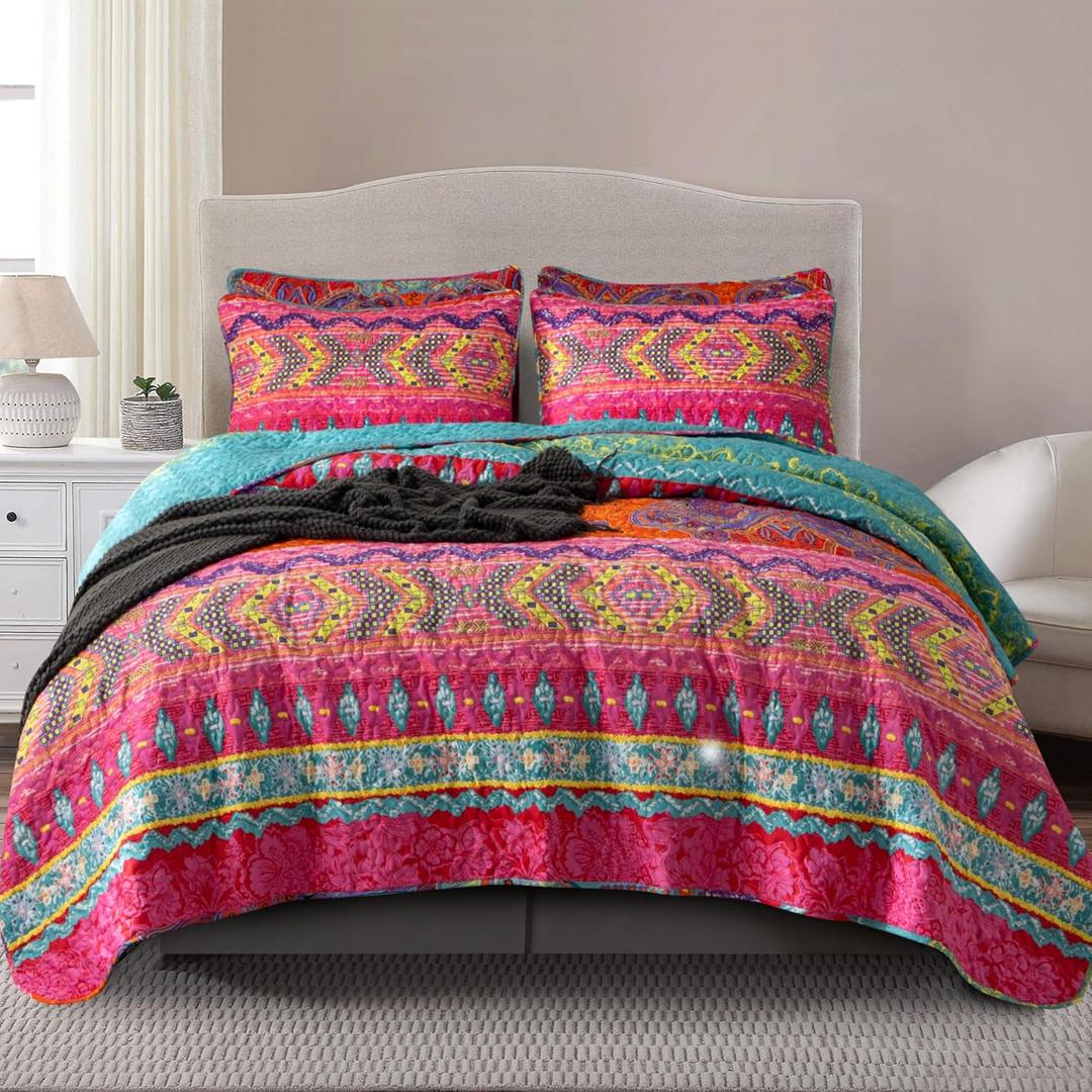 Bohemian Quilt Set Queen 3 Pieces Soft Microfiber Lightweight Colorful Bedspread Quilt Bohemian Bedding Set Exotic Yellow Orange Boho Quilt Set 1 Quilt and 2 Pillow Shams for All Season (Queen(90"x96")