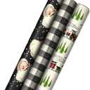 Hallmark Black Christmas Wrapping Paper with Cut Lines on Reverse (3 Rolls: 120 sq. ft. ttl) Retro Santa, Black and White Buffalo Plaid, Train and Trees (0005JXW1077)