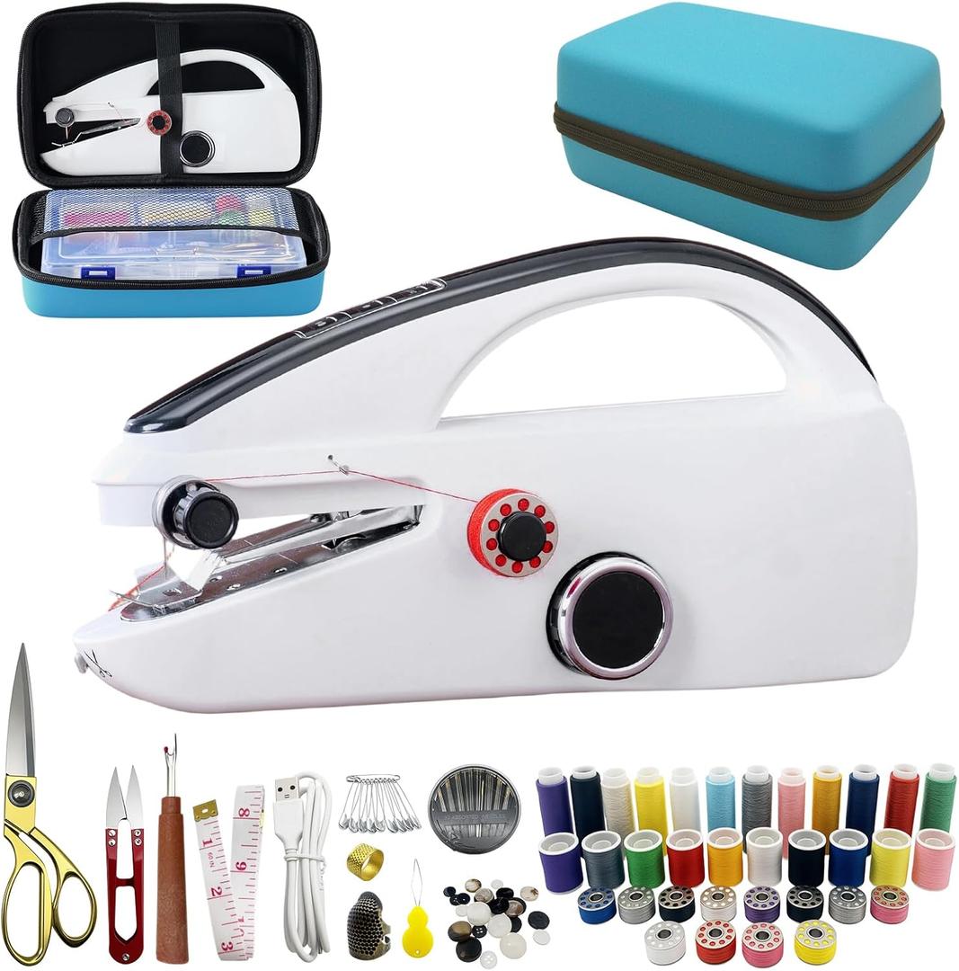 Handheld Sewing Machine Heavy Duty, with Blue Leather Storage Case and 110-Piece Sewing Kit, Mini Portable, Ideal for Adults & Beginners, Complete Set of Quick Home Clothing Repair Tools, Good Gift