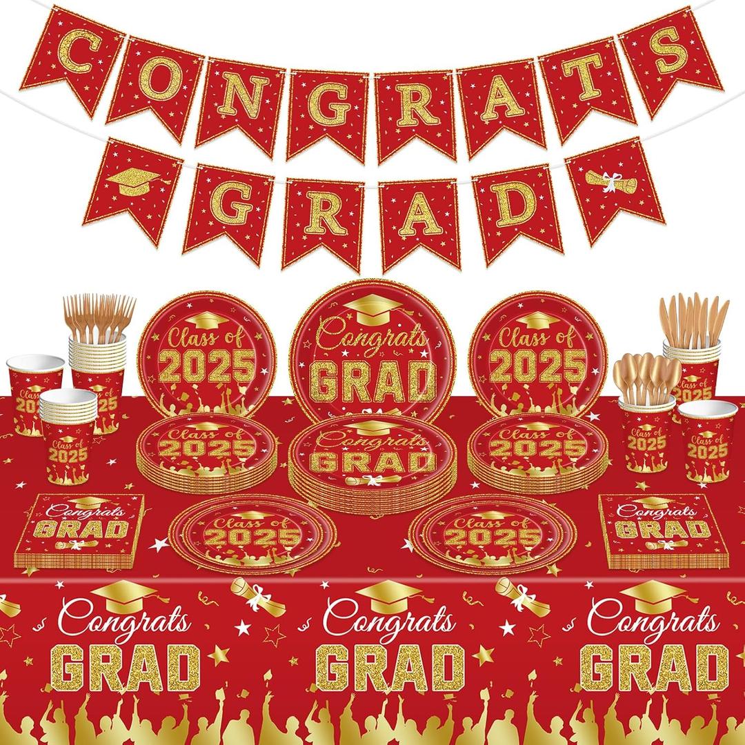 172 Pcs Graduation Class of 2025 Table Party Supplies Set, Congrats Grad Disposable Dinnerware with Paper Plates, Cups, Napkins, Forks, Spoons, Tablecloths, and Banner for Graduation Party (Red)