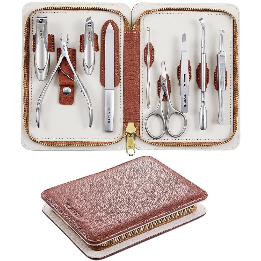 MR.GREEN 9-in-1 Manicure & Pedicure Set  Professional German Stainless Steel Nail Clippers Grooming Kit with Splash-Proof Nail Clipper & Genuine Leather Travel Case (Cognac Brown)