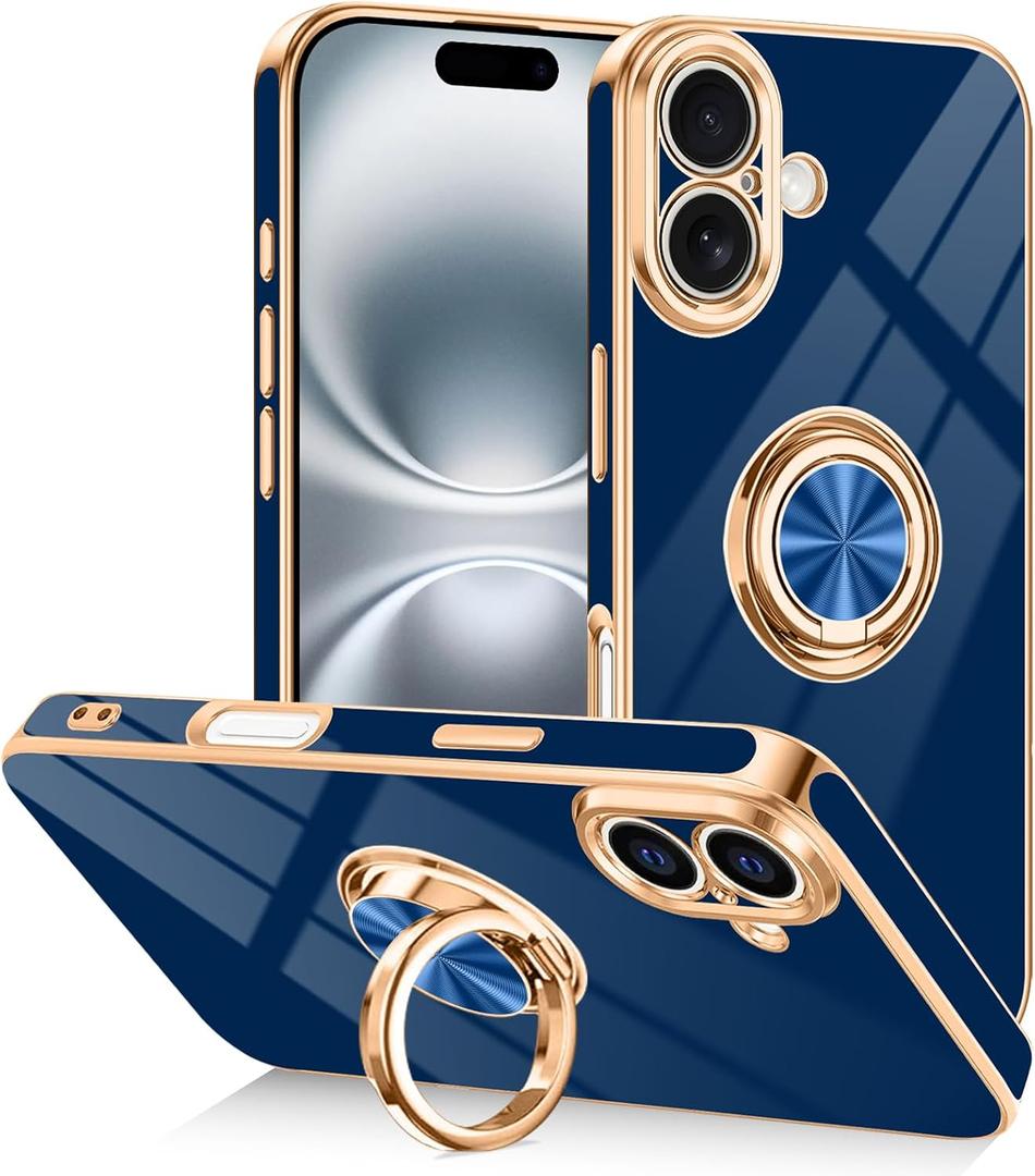 Designed for iPhone 16 Case with Ring Stand Slim Blue | 360 Rotatable Finger Holder, Support Magnetic Car Mount, Soft TPU Electroplated, Full Lens Protection, Shockproof Phone Case
