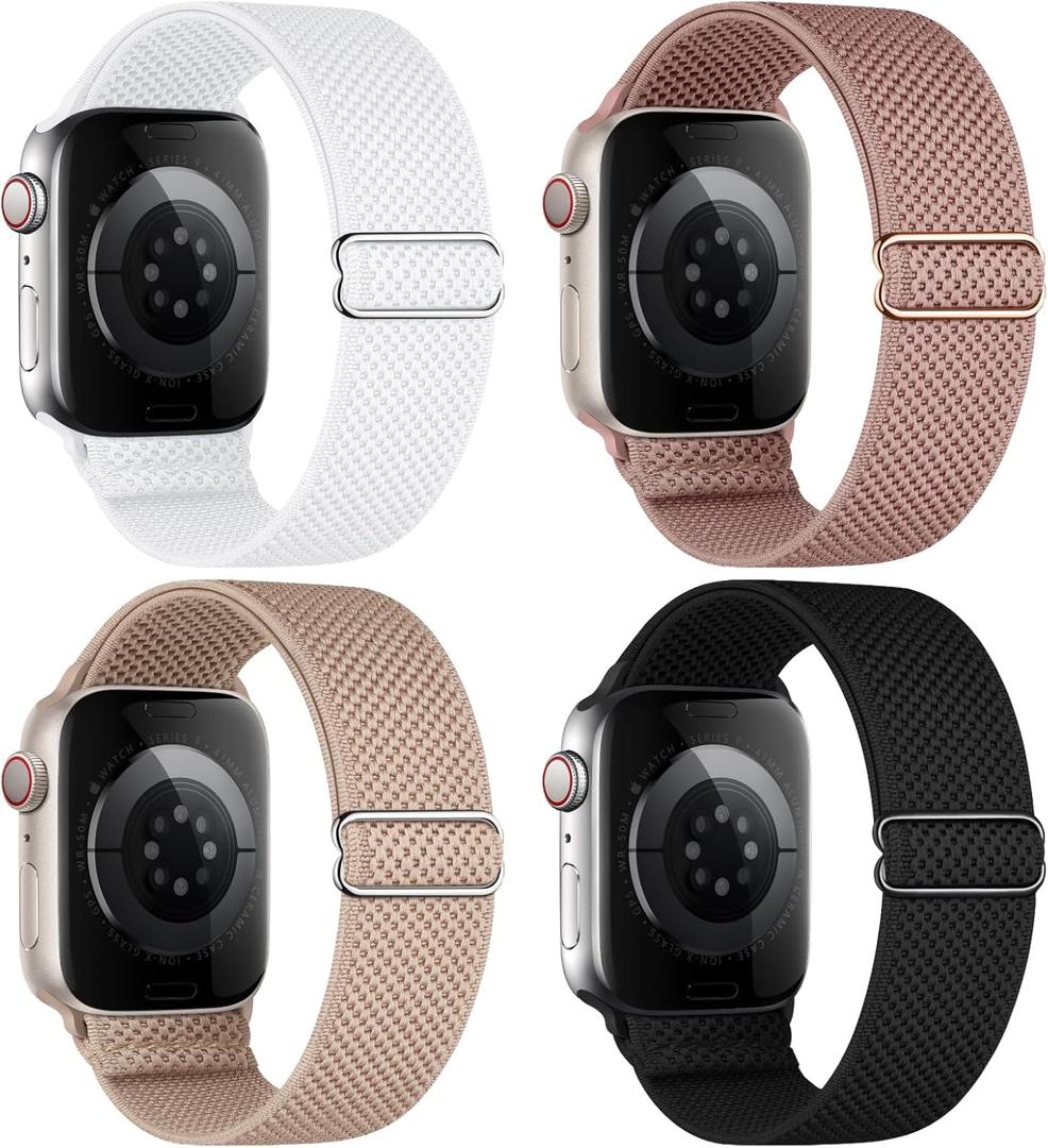 4 Pack Stretchy Solo Loop Compatible with Apple Watch Bands 38mm 40mm 41mm 42mm Women Men, Sport Nylon Elastic Straps Wristbands for iWatch Series 11 10 (Black/White/MilkTea/Pink)
