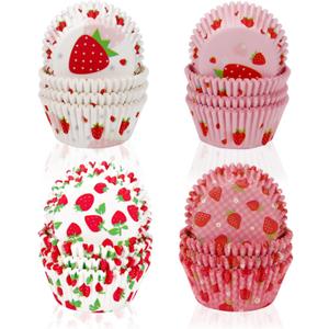JEPELUS 400 Pcs Greaseproof Cupcake Liners, Mini Muffin Liners Cupcake Wrappers Standard Paper Baking Cup Cake Wrapper for Wedding Baby Shower Berry Themed Birthday Party Decor (Pink Strawberry)