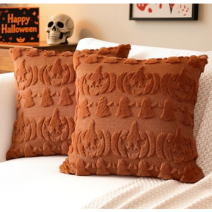 Pack Of 2 Artscope Halloween Pillow Covers 18 x 18 Set of 2 Decorative Ghost Holiday Pumpkin Throw Pillow Cases Soft Plush Faux Fur Couch Cushion Case for Farmhouse Halloween Sofa Bed Room Home Decor-Rust