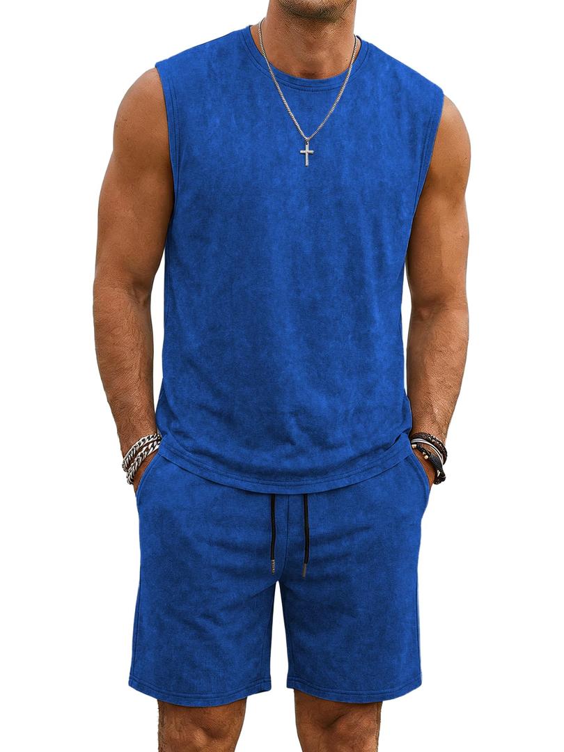JMIERR Men's Retro Washed Sleeveless T-Shirt & Shorts Set, L, Blue