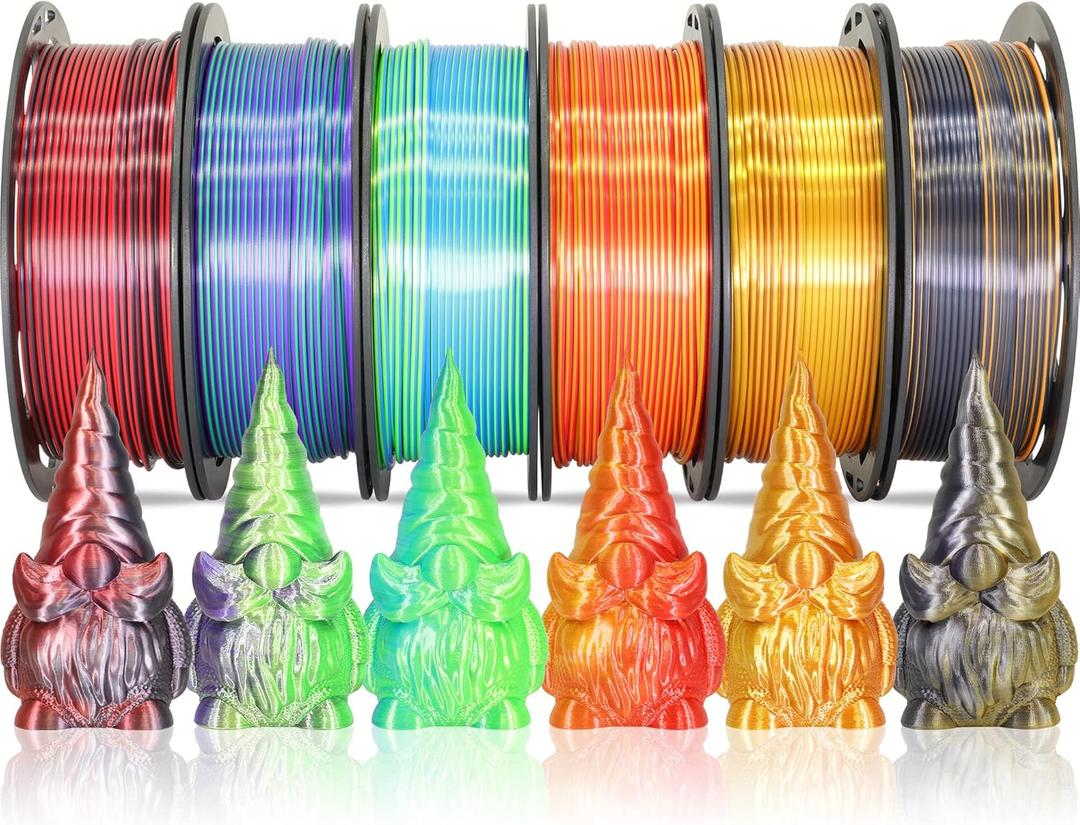 MIKA3D 6 Spools Bicolor Dual Color 1.75mm 3D Printer Filament Bundle, 3D Printing Silk PLA, Silk Black-Red/Purple-Green/Blue-Green/Red-Gold/Gold-Copper/Black-Orange, 3D Printing PLA 250g X 6 Spools (6 Colors: Silk Black-orange; Silk Red-gold; Silk Black-red; Silk Gold-copper; Silk Green-blue; Silk Green-purple)
