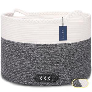 COMSE Extra Large Blanket Basket, Woven Laundry Basket, 21.7x 13.8, Nursery Hamper, Cotton Rope Laundry Hamper Living Room for Storage Toys Clothes Towels (White & Black)