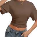 Womens Crop Cinched Waist Top Half Sleeve Ruched Going Out Tops 2026 Summer Y2K Tee Shirts (Brown, L)