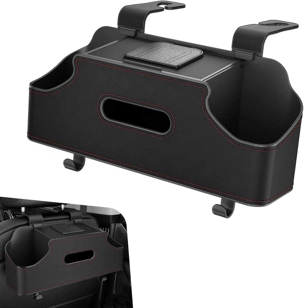 1 PC Backseat Organizer with Dual Cup Holder, Multi-function Tissue Hanging Box and 2 Hooks, Extra Rear Seat Road Trip Storage Accessories, Universal for Most Cars, Trucks, SUVs (Black)