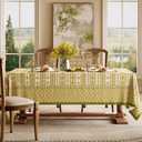 Floral Striped Block Print Tablecloth Rectangular, Farmhouse Linen Olive Green Table Cloth Heavy Weight Washable Table Cover for Spring Dining Party, 67x118''