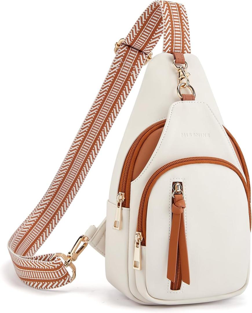 Missnine PU Leather Sling Bag for Women Quilted Chest Crossbody Trendy Travel Bag for Hiking Cycling with Tassel (Beige & Brown)