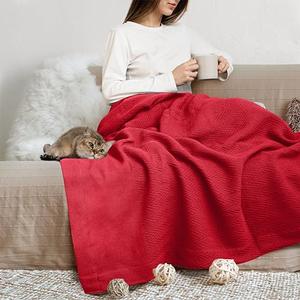 THREAD SPREAD Organic GOTS Cotton Blanket, Full/Queen - 350 GSM, Antistatic, Fuzzy Soft, Lightweight, Sofa, Camping & Travel, Perfect Herringbone All Seasons Throw, Red + Complimentary Tote Bag