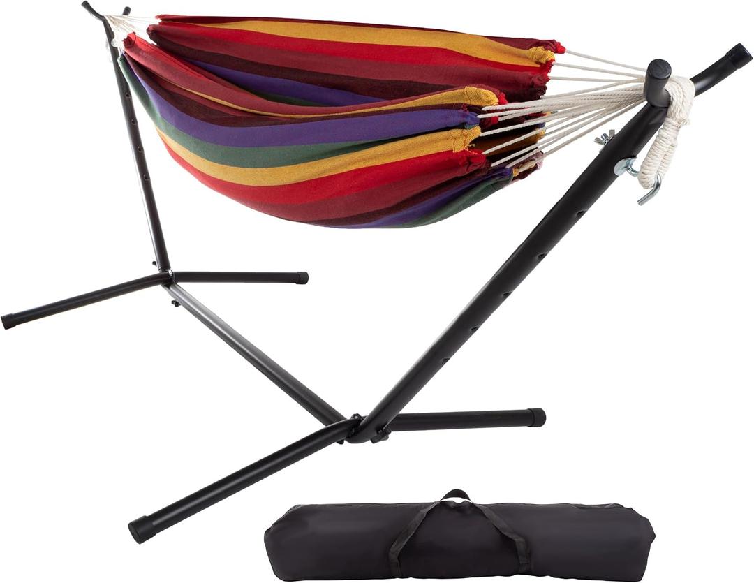 Double Brazilian Hammock with Stand Included ? Woven Cotton, 2-Person, Outdoor Swing with Frame for Camping, Backyard, or Patio by Pure Garden
