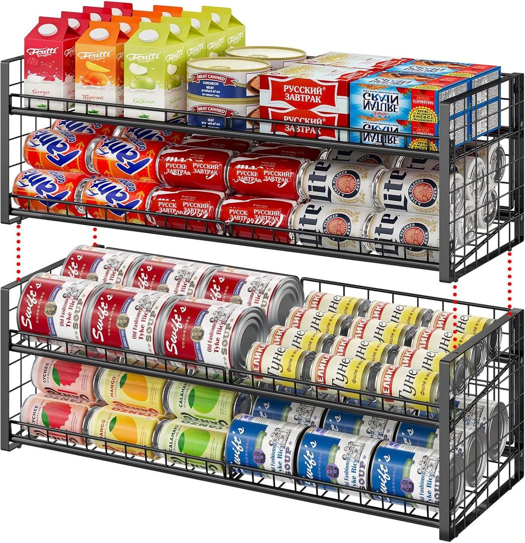 2-Pack Stackable Can Organizer for Pantry Shelf, Adjustable Extra-Long Rolling Can Rack for Kitchen Cupboard Storage, Sturdy Standing Can Holder for Canned Food Goods Soda up to 128, 2 Tier, Black