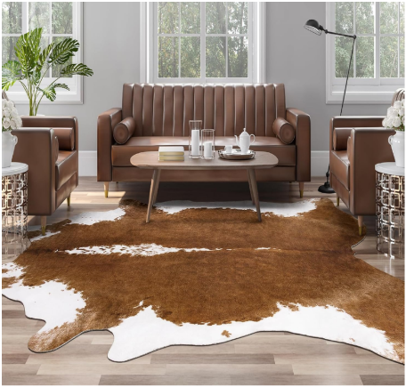 8x10 Faux Cowhide Area Rugs for Living Room, Animal Skins Cow Hide Rug for Bedroom, Cool Western Christmas Decor, Thin Leather Cow Hide Carpets Fireplace Rug, Brown
