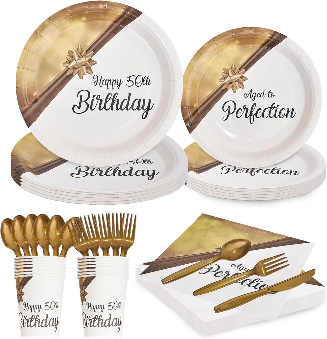 BIMASO 50th Birthday White & Gold Plate Set - 20 Sets - 50th Birthday Plates - Happy 50th Birthday Decorations