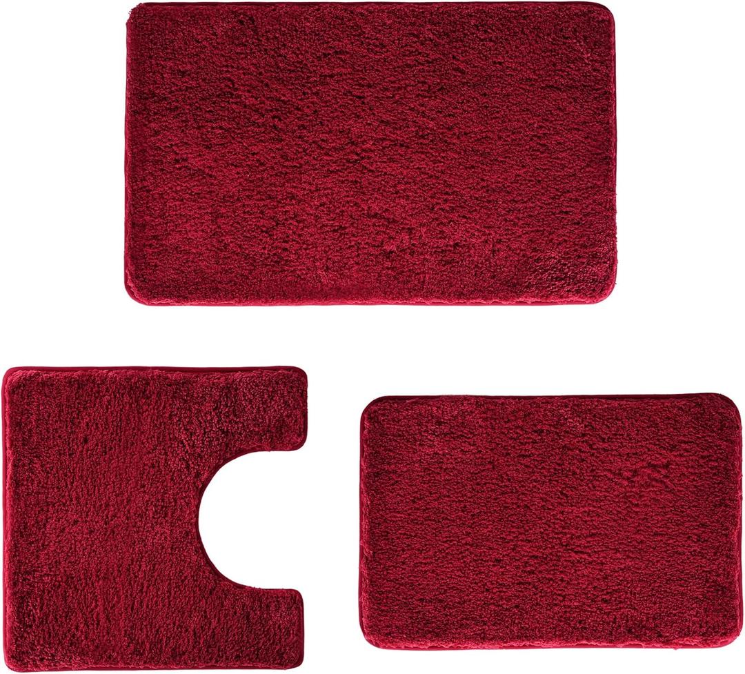 3 Pieces Luxury Bathroom Rug Set with U-Shaped Toilet Rug, Non-Slip Rubber Bottom, Thick Microfiber Fluffy Plush, Water Absorption, Quick Dry, Ultra Soft, Bath Mats for Bathroom, Tub(Dark Red)