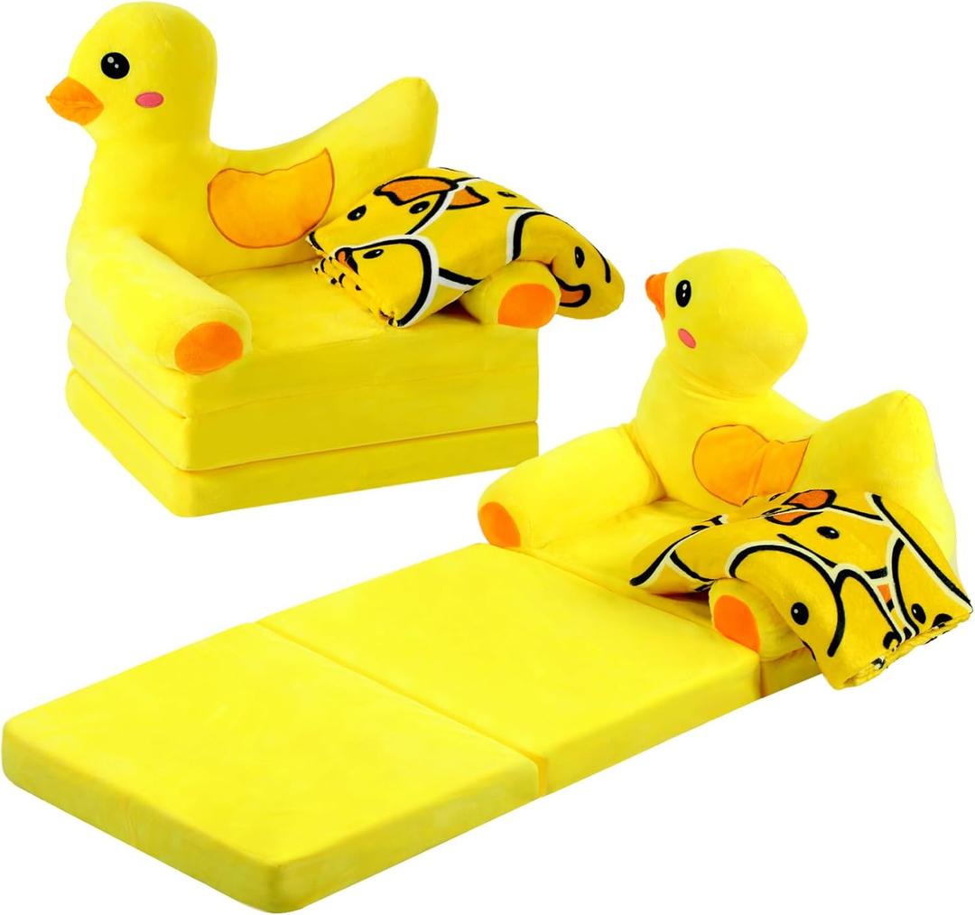 Duck Kids Couch Fold Out 2-in-1 Toddler Sofa Fold Out with Blanket, Soft Toddler Chair Comfy for Boys Girls Baby, Convertible Sofa to Lounger for Napping Reading Playing Christmas, Yellow