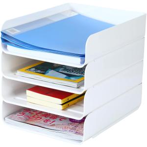 (4pcs Pack) HKeeper Stackable Paper Trays,Letter Tray Organizer,Office Desktop Organizer,A4 Paper Holder,Supplies Magazine,File Documents,ReceiptsWhite,Regular, White
