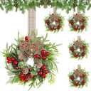 Dingion 4 Pcs Small Christmas Wreaths for Cabinet Kitchen Decor Mini Artificial Wreath 9 Inch Faux Garland with Burlap Ribbon for Vintage Retro Home Table Candle Porch Window Indoor Outdoor Decor