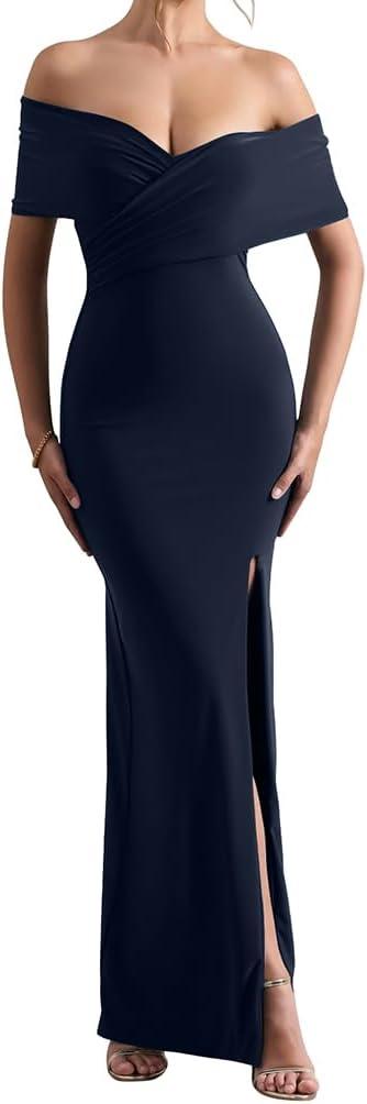 LAGSHIAN Women's Elegant Bodycon Off Shoulder Ruched Split Hem Long Formal Basic Evening Dress (Black, XL)
