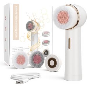 Electric Facial Cleansing Brush, Rechargeable Waterproof Dual Rotating Face Scrubber with 3 Interchangeable Heads, Soft Silicone Face Brush, White