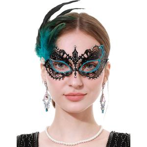 LA CARRIE Metal Feather Masquerade Face Mask for Women Venetian Antique Mardi Gras Masks for Halloween Party Costumes (Blue)