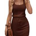 RoseSeek Women's Waffle Knit Belted Tank A Line Dresses Square Neck (Brown)