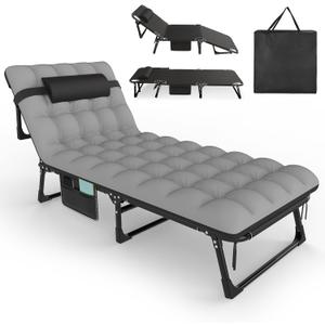 Slendor Folding Camping Cot for Adults, 5 Positions Adjustable Cot Bed, Portable Sleeping Cot for Outdoor, Guest, Gray Cot W/Black Pad