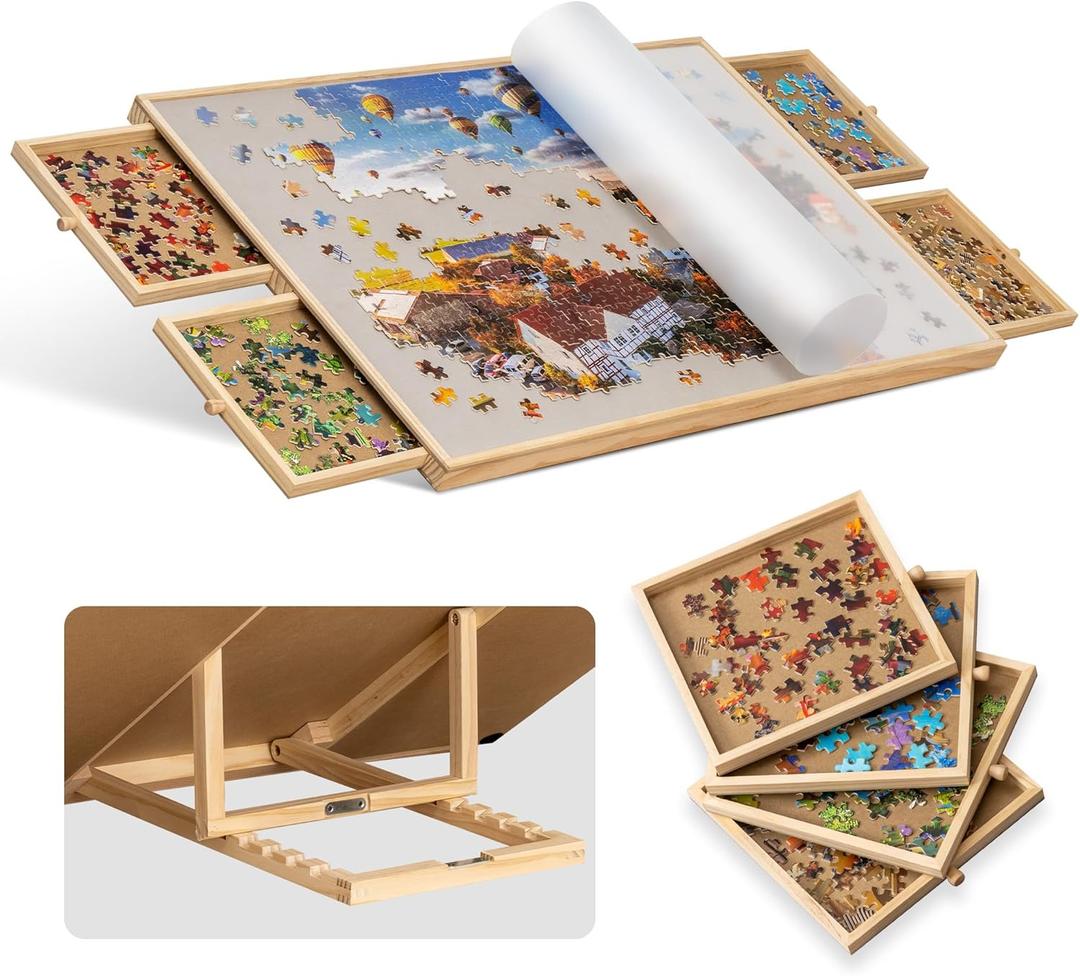 Becko US 1000-Pc Tilting Puzzle Board with 4 Drawers & Cover, Adjustable Jigsaw Puzzle Table with Built-in Easel/Stand, Portable Boards with Puzzles Storage for Adults, with Flannel Tabletop