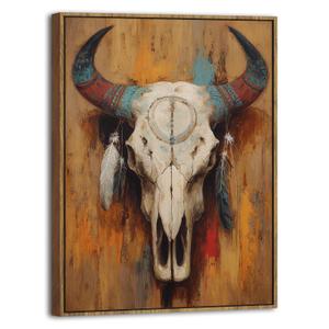 Western Bull Skull Wall Art Framed Rustic Tribal Cow Skull Painting with Feathers, Southwestern Boho Canvas Wall Decor Western Farmhouse Artwork for Living Room Bedroom Office Home Decorations 16x24
