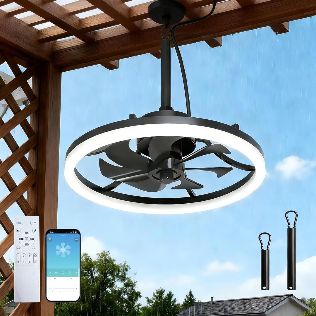 20'' Outdoor Ceiling Fan with Light, IP65 Waterproof Gazebo Fan, Plug-in Hanging Fan Remote & App Control, 4500LM 3CCT Dimmable LED, 6-Speed Quiet DC Motor, Bladeless Patio Pergola Porch Fan