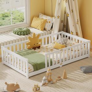 Twin Toddler Floor Bed, Wooden Montessori Bed Frame for Kids, Twin Size Bed Frame with Rails for Kids, Boys and Girls, No Box Spring Needed, White