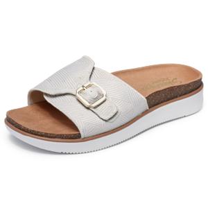 Skechers Women's LIFTED COMFORT - RESTLESS WAVE, Relaxed Fit Adjustable Buckle Slide, Off White, 9M