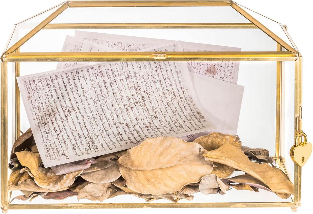 NCYP Wedding Cards Box with Slot and Lock - 12.6" x 5.9" x 9" - Geometric Glass Card Holder for Party Reception, Wishwell, Centerpiece, Home Decorative, Gold (Glass Box Only)
