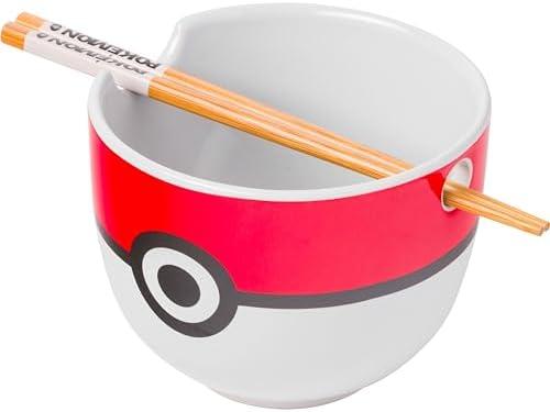 Silver Buffalo Pokemon Pokeball Ceramic Ramen Noodle Bowl with Chopsticks, Microwave Safe, 20 Ounces