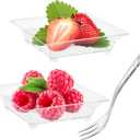 Zezzxu 100 Pack 1 oz Mini Dessert Plates with Forks Reusable Plastic Appetizer Trays Square Small Party Serving Bowls for Trifle, Cheesecake, Ice cream