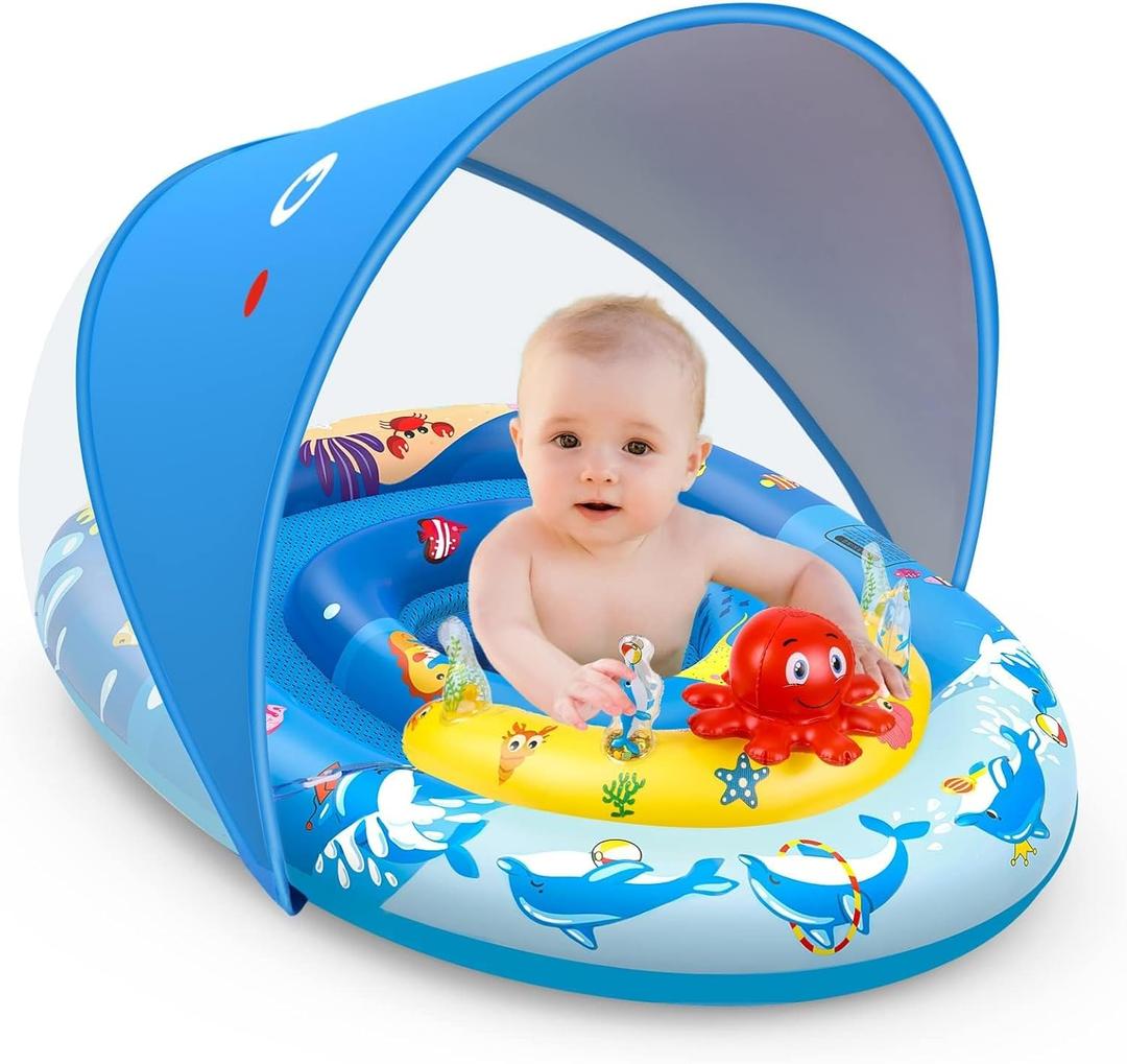 EZIGO Baby Pool Float with Canopy UPF50+ Sun Protection, Inflatable Kids Pool Floats with Ocean Animal Toys for Baby 6-36 Months, Infant Swimming Float with Adjustable Safety Seat for Boys Girls (Blue)