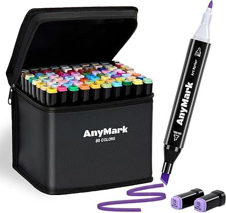 AnyMark Alcohol Markers, 80 Colors Dual Tip Art Coloring Markers Set for Adult Book Drawing Sketching Painting, Chisel & Fine, Black Penholder