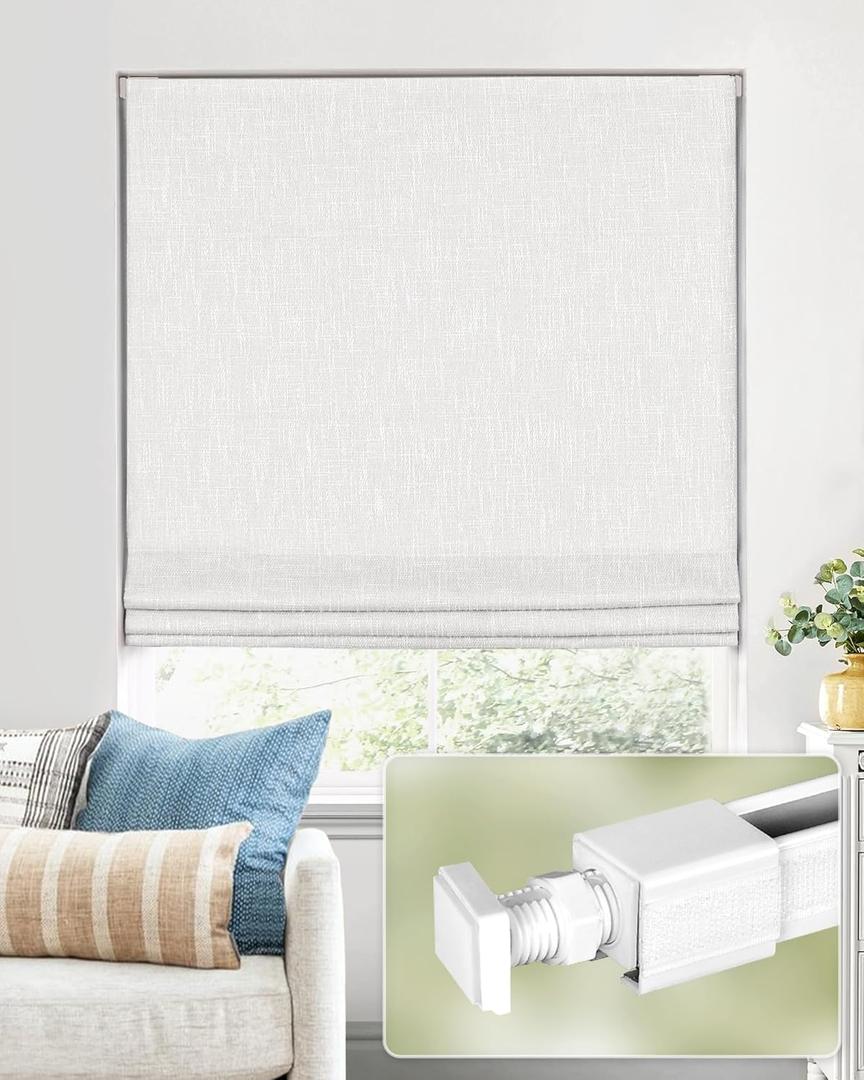 No Tools No Drill Cordless Roman Shades for Indoor Windows 100% Blackout, for Window Size 25" W  64" H White