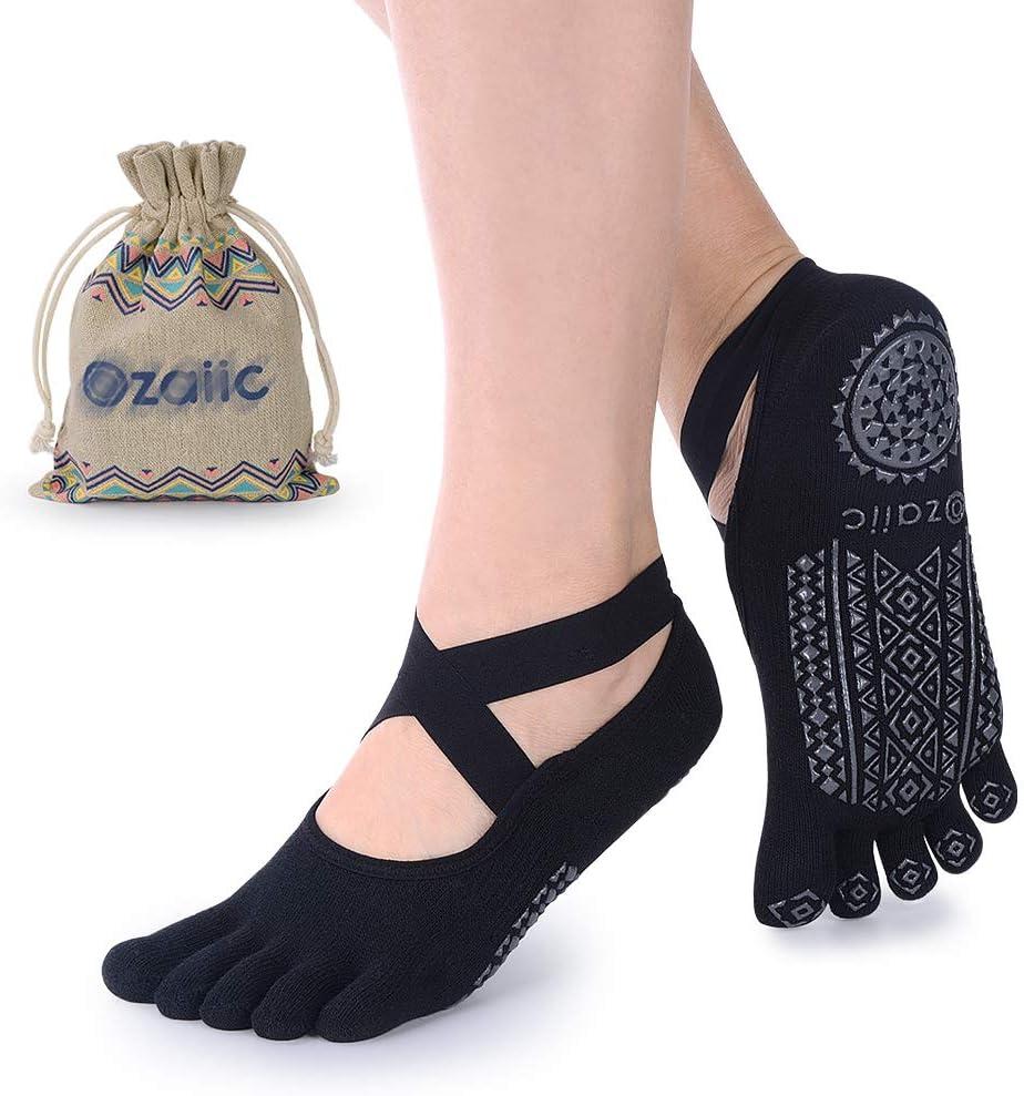 Ozaiic Yoga Socks for Women with Grips, Non-Slip Five Toe Socks for Pilates, Barre, Ballet, Fitness (One Size, Black - 1 Pair)