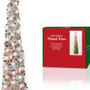 5FT Pop Up Christmas Tinsel Tree with 2 Modes 50 LED Lights and Colorful Sequins Ornaments, Easy-Assemble and Store for Xmas Home Holiday Fireplace Party Decorations (Sliver)