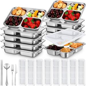 8 Pack Stainless Steel 4 Compartments Snack Bento Snack Boxes with Lids and 8 Sets Portable Stainless Steel Flatware Set Travel Utensil Set Chopsticks Knife Fork Spoon with Case for Home