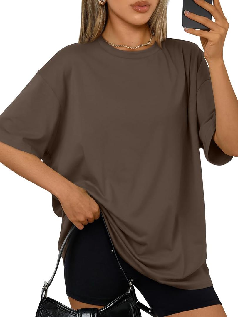 Trendy Queen Womens Oversized Summer T-Shirts Plus Size Short Sleeves Workout Tops (3X-Large, Coffeebrown)