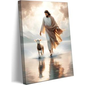Jesus Walks On Water Canvas Wall Art Christ Saves The Lost Lamb Painting Wall Decor Christian Poster Print Follow Me Artwork Picture Decoration For Living Room Bedroom Church Ready To Hang (24x36in)