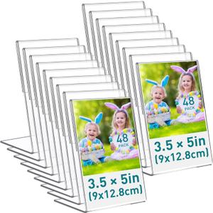 Tuanse 48 Pcs Acrylic Picture Frame 3.5 x 5 Inch Acrylic Sign Holder Clear Photo Frame Tabletop Slanted Back Plastic Picture Display